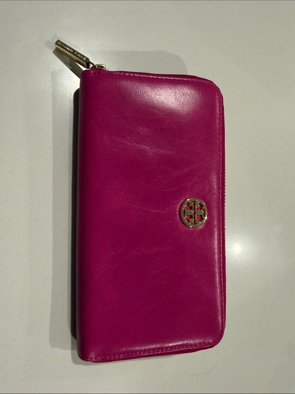 Tory Burch Fuchsia Zip Wallet with Gold Logo
